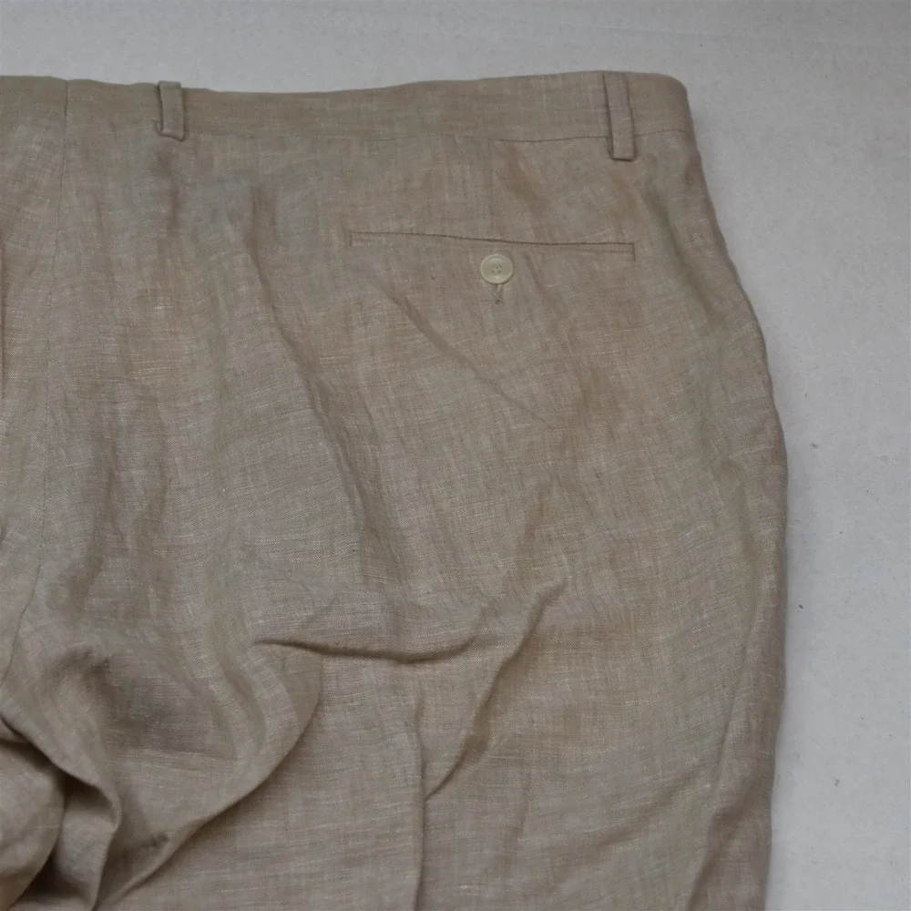 Tommy Hilfiger 46x32 Khaki 100% Linen Flat Front Straight Dress Mens Pants